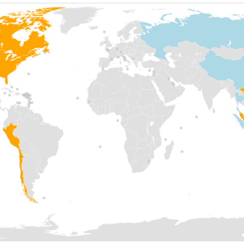 A map depicting signatories and potential signatories to the Trans-Pacific Partnership (TPP).