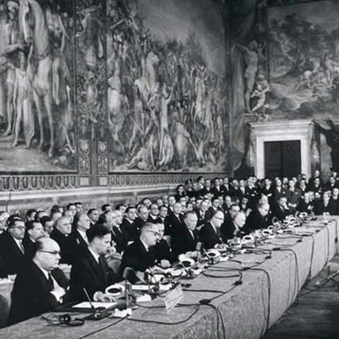 The signing ceremony for the Treaty of Rome.