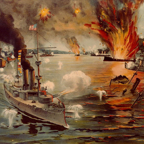 A depiction of the Battle of Manila Bay during the Spanish American War of 1898.