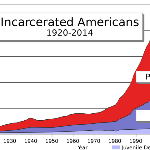 A graph showing the increase in the U.S. prison population from 1920 to 2014.