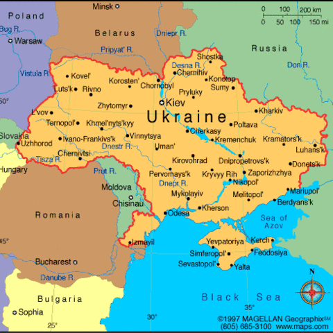 This political map shows Ukraine and many of its major cities.