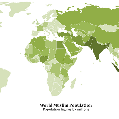 Map showing the size of Muslim populations in countries around the world.