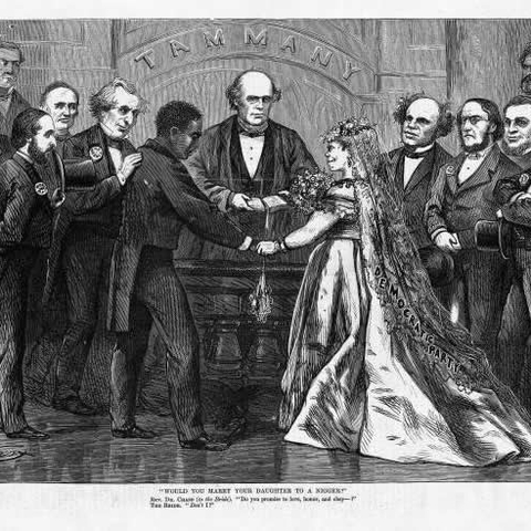 Illustrator Thomas Nast reversed the typical accusations laid against Republicans with this drawing showing Chief Justice Salmon P. Chase performing a wedding ceremony for an interracial couple.