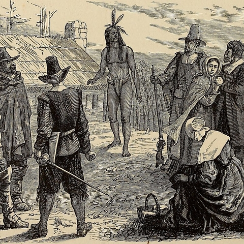 Samoset entering the Plymouth settlement in 1621.