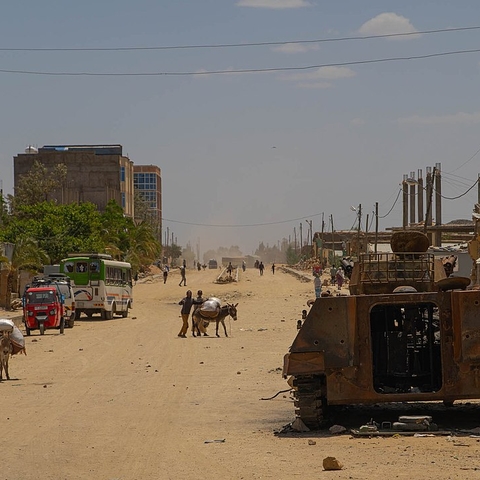 A destroyed armored vehicle on the streets of Hawzen.