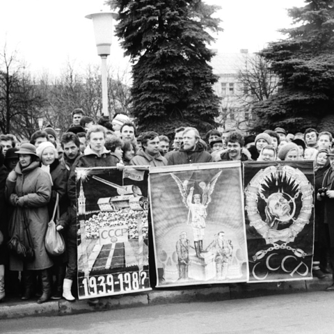 Lithuanian protestors line the streets of Šiauliai.