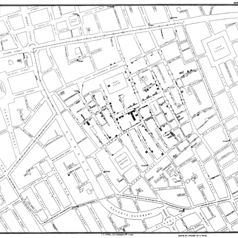 Dr John Snow’s original map showing clusters of cholera cases in the London epidemic of 1854.