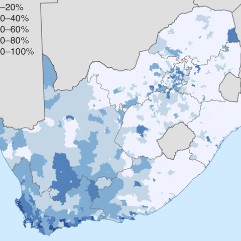 A map of the percentage of votes won by the Democratic Alliance in 2014.