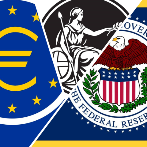 The flags or seals of three central banks.