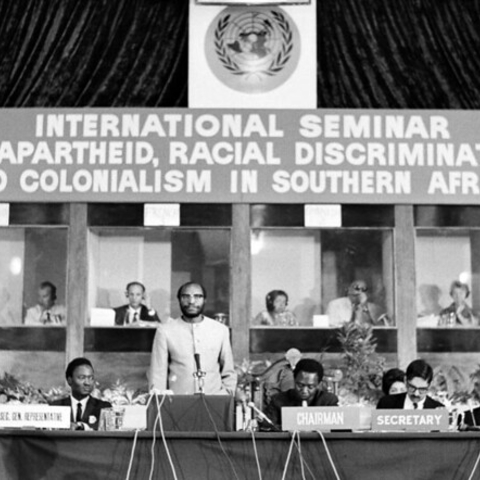 Simon Kapwepwe addressing a United Nations Seminar.