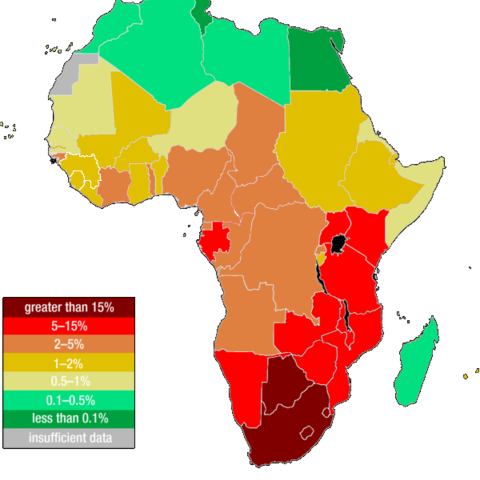 A map showing rates of HIV infections in 2014.