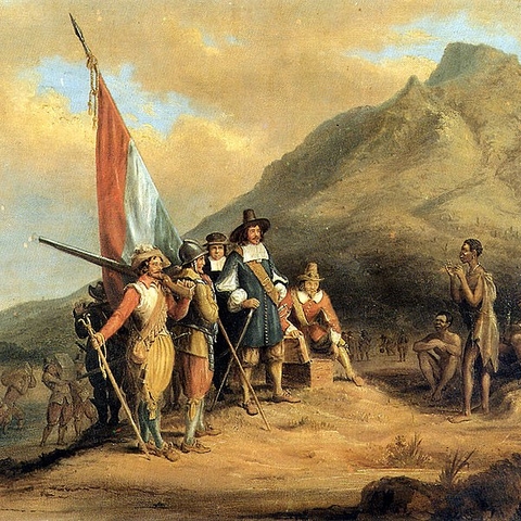 A 19th century depiction of the arrival of the Dutch in South Africa.