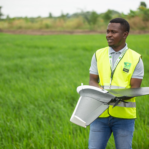 A field demonstration of a drone that drives the Kpong irrigation scheme in Ghana, 2019.