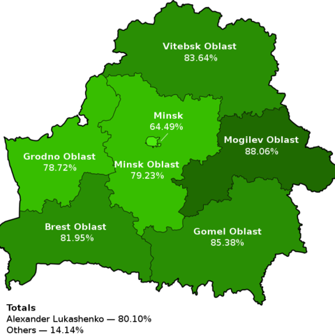 A map of the official vote results for Alexander Lukashenko.