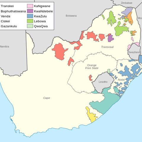 A map of Bantustans near the end of apartheid.