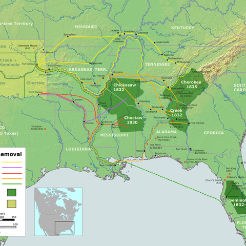 This map of the Trail of Tears depicts the routes taken to forcibly relocate Native Americans.