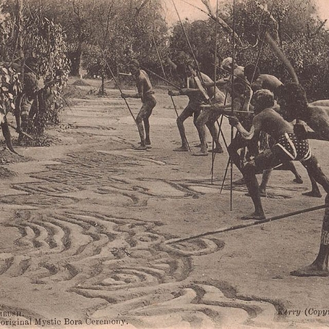 Aboriginal Australian warriors perform the Bora ceremony.