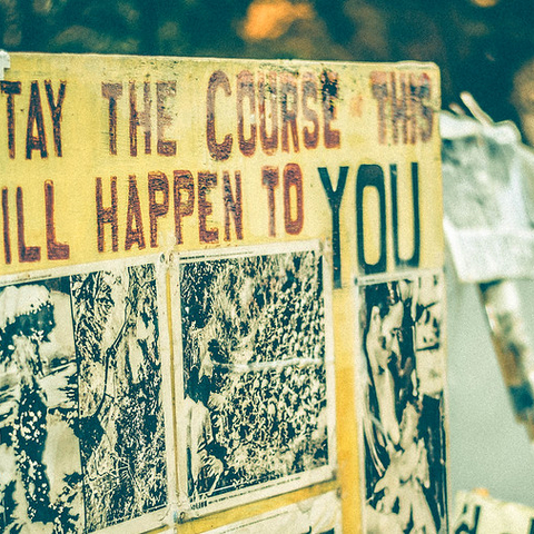 A sign at the famously uninterrupted decades-long anti-nuclear protest tent.