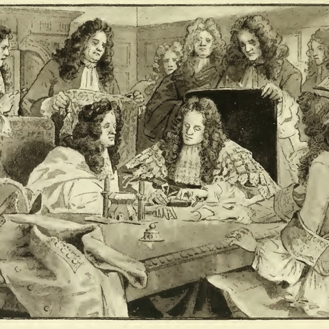 Sealing of the Bank of England Charter (1694) an illustration by Lady Jane Lindsay.