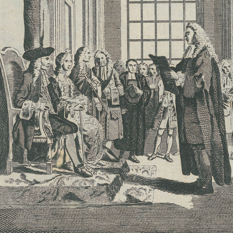 An eighteenth-century engraving of the Bill of Rights being presented.