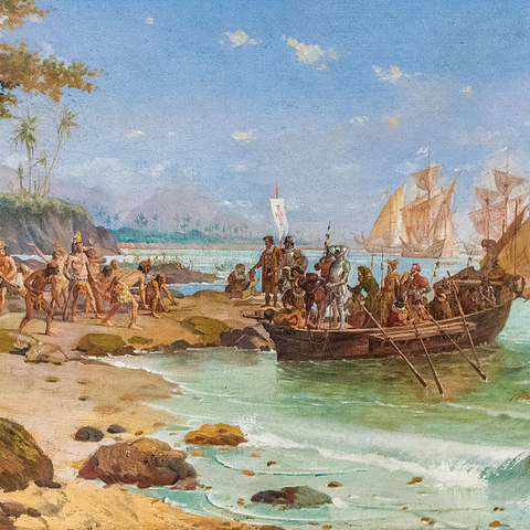 Oscar Pereira da Silva’s 1922 artistic interpretation of the initial Portuguese landing in Brazil.