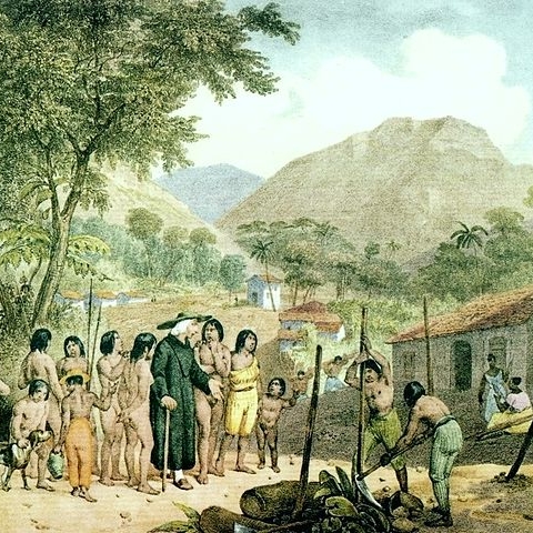 Johann Moritz Rugendas’ painting of a Christianized Tapuyos Indian village.