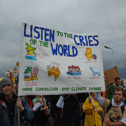 A protest sign from the Climate Change Camp in 2007.