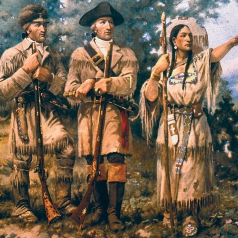 Sacagawea (right) with Lewis and Clark at the Three Forks.