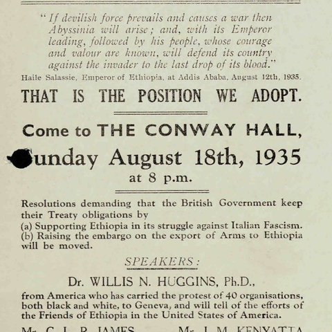 British leaflet promoting a 1935 lecture by Pan-African leaders.
