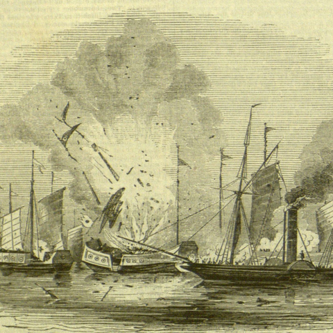 A British steamer destroying Chinese ships during the First Opium War in 1842.