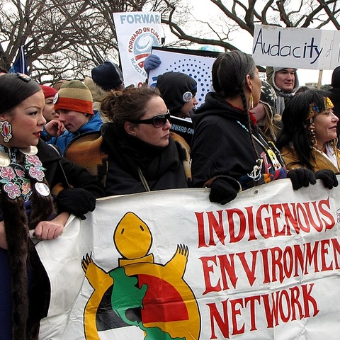 Members of the Indigenous Environmental Network protest the Keystone XL pipeline and fracking.
