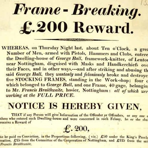 Reward poster for frame breakers in Nottingham, 1812.