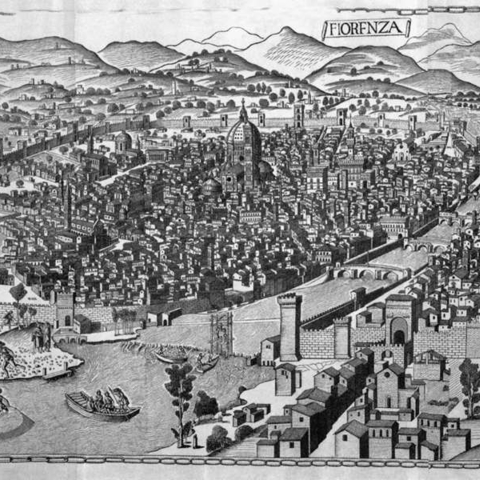 Francesco Rosselli’s 1480 "View of Florence" shows the city’s population decimated by the plague.