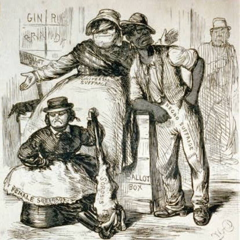 An 1869 cartoon illustrates the proposed inseparable voting connection between women and African Americans.
