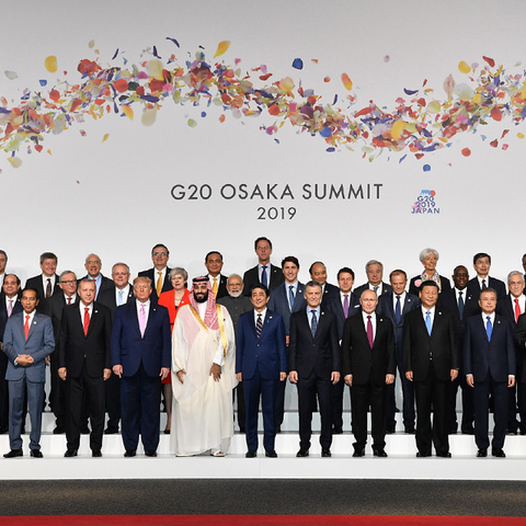 A 2019 group photo of world leaders from 19 countries and the European Union who attended the June G20 Summit.