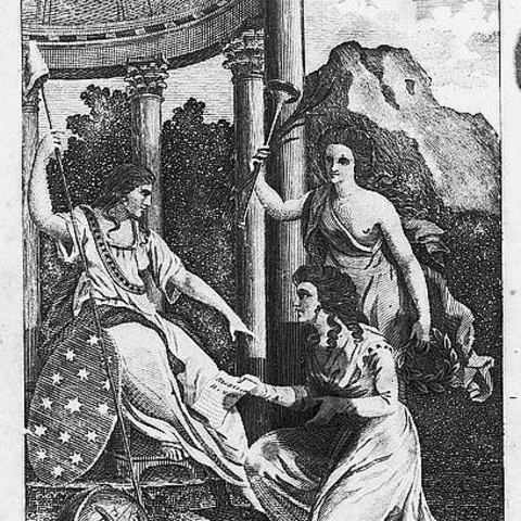 A 1792 illustration showing the figure of Liberty receiving a copy of Mary Wollstonecraft’s publication.