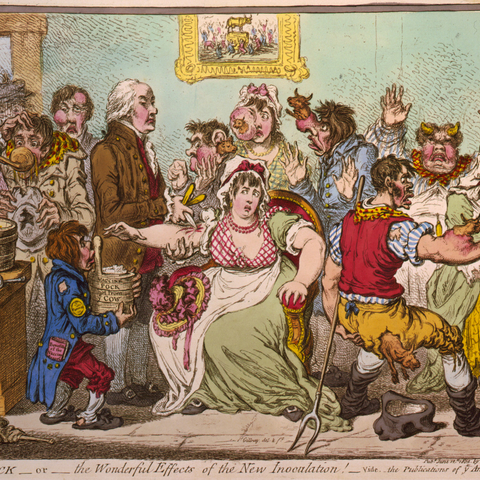 Gillray’s 1802 caricature of vaccinated men and women growing cow parts on their bodies.