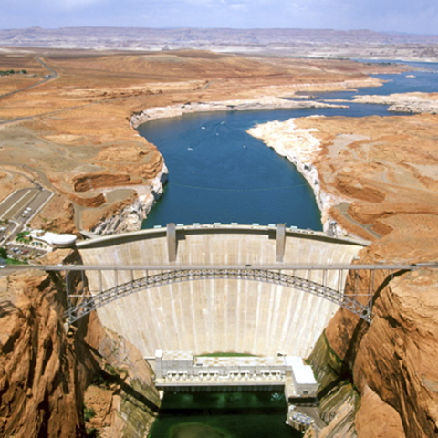 An aerial view of Glen Canyon Dam in 2019.