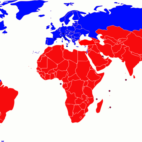 World map showing a traditional definition of the North–South divide.