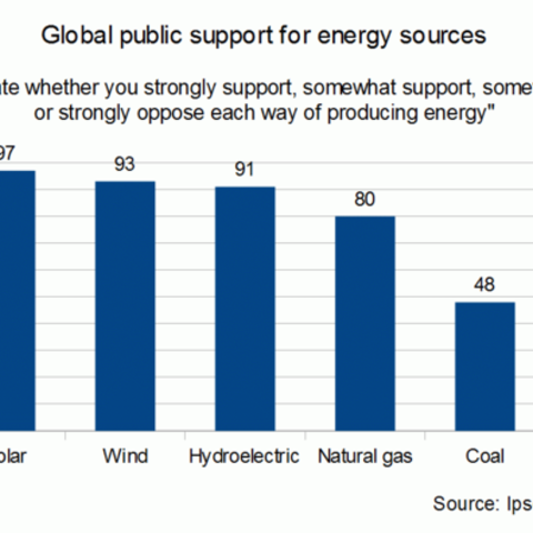 This bar graph shows global public support for energy sources.