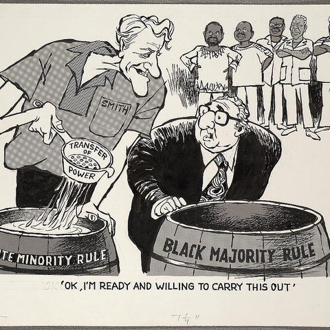 A 1976 cartoon that depicts the white Southern Rhodesia Prime Minister Ian Smith talking to U.S. Secretary of State Henry Kissinger.