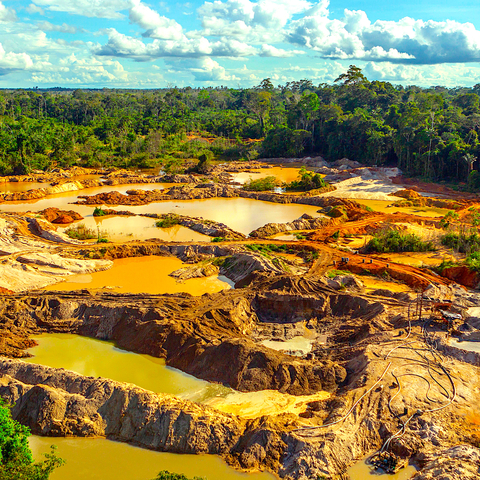 Rainforest scars from illegal mining and deforestation.