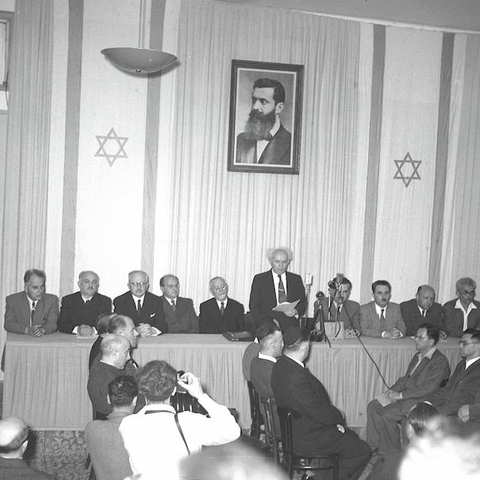 David Ben-Gurion reads the Israeli Declaration of Independence on May 14, 2020.