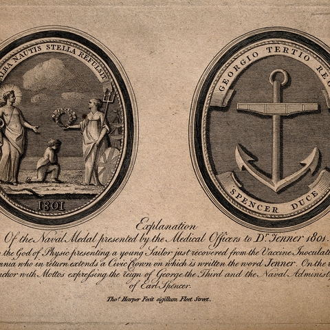 Front and back of a medal presented by British naval medical officers to Edward Jenner in 1801.