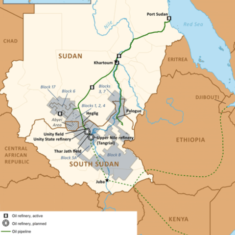 Oil fields and infrastructure in Sudan and South Sudan in 2014.