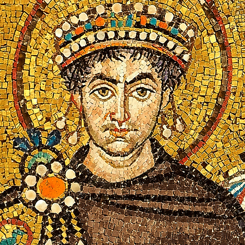 A sixth-century mosaic depiction of Justinian I from San Vitale in Ravenna.