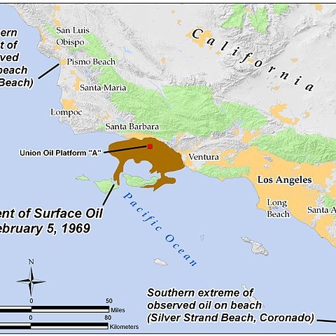 A map that illustrates the extent of the 1969 Santa Barbara oil spill.