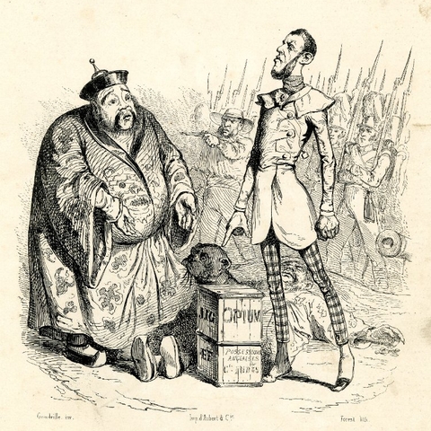 A 1840 French magazine caricature of an Englishman ordering the emperor of China to buy opium.