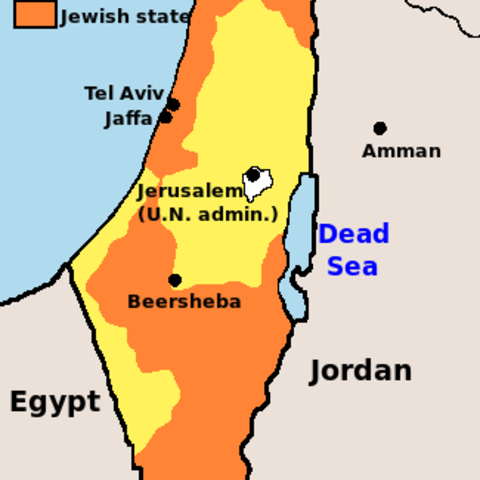 A 1947 map illustrates the United Nations Partition Plan for Palestine.