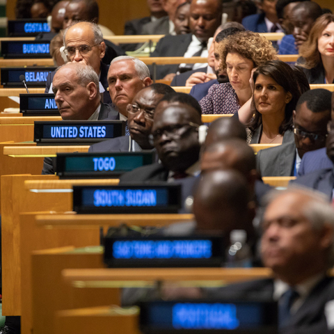 Vice President Mike Pence listens as President Donald J. Trump addresses the UN General Assembly.